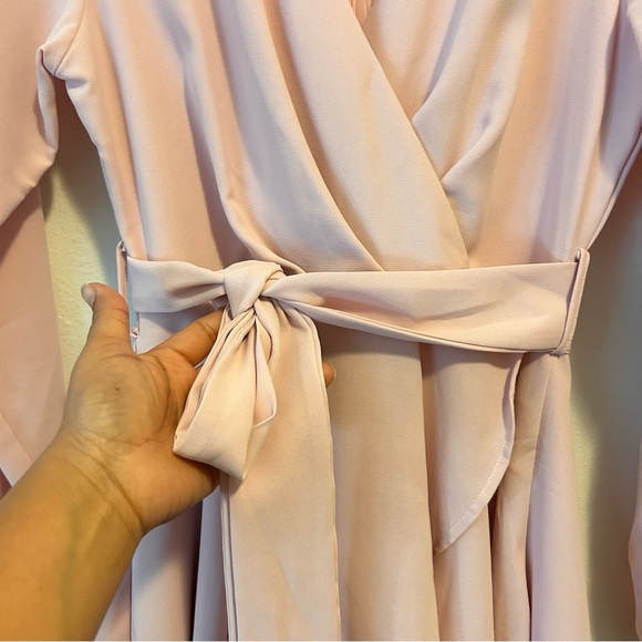 Women’s Small Ruffle Elegant Pink Faux Wrap Long Sleeve Mini Dress - Picture 6 of 9
